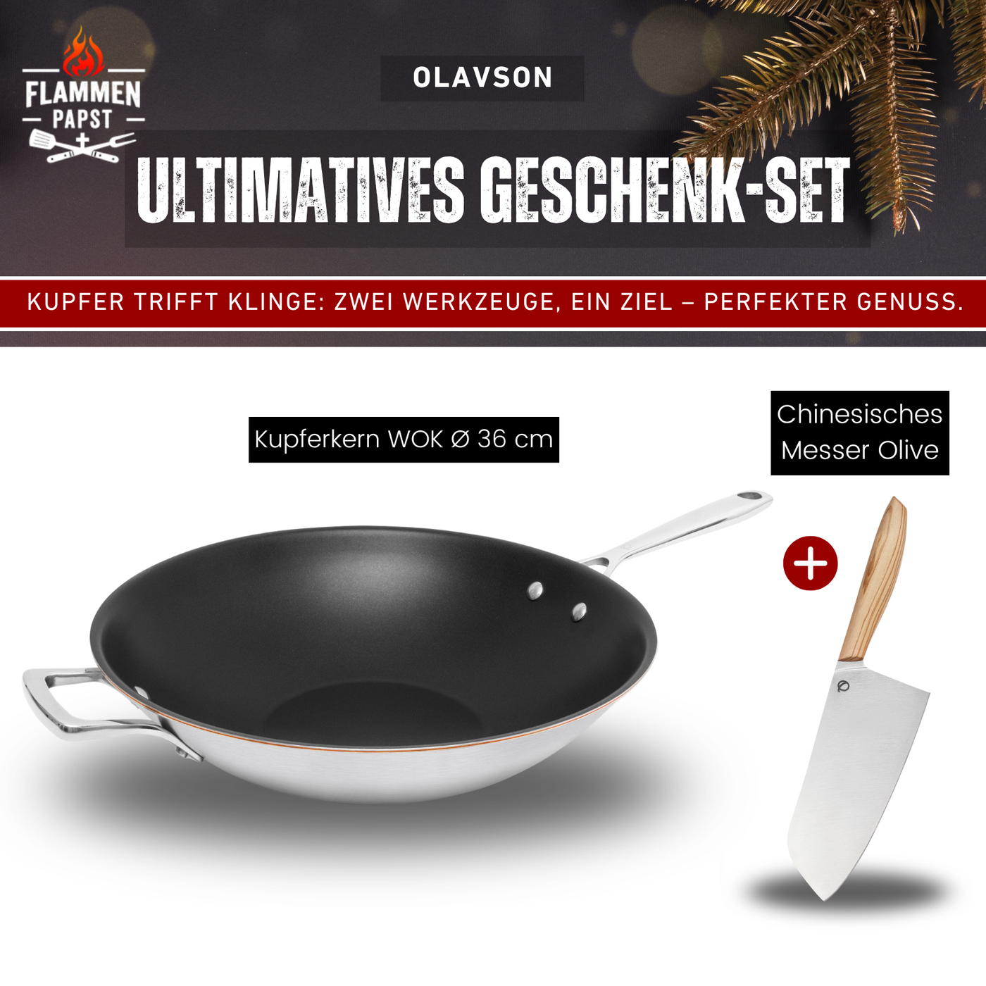 Olavson Kupferkern Wok Ø36 cm Geschenk-Set | inkl. Chinesisches Messer