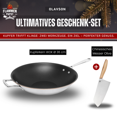 Olavson Kupferkern Wok Ø36 cm Geschenk-Set | inkl. Chinesisches Messer